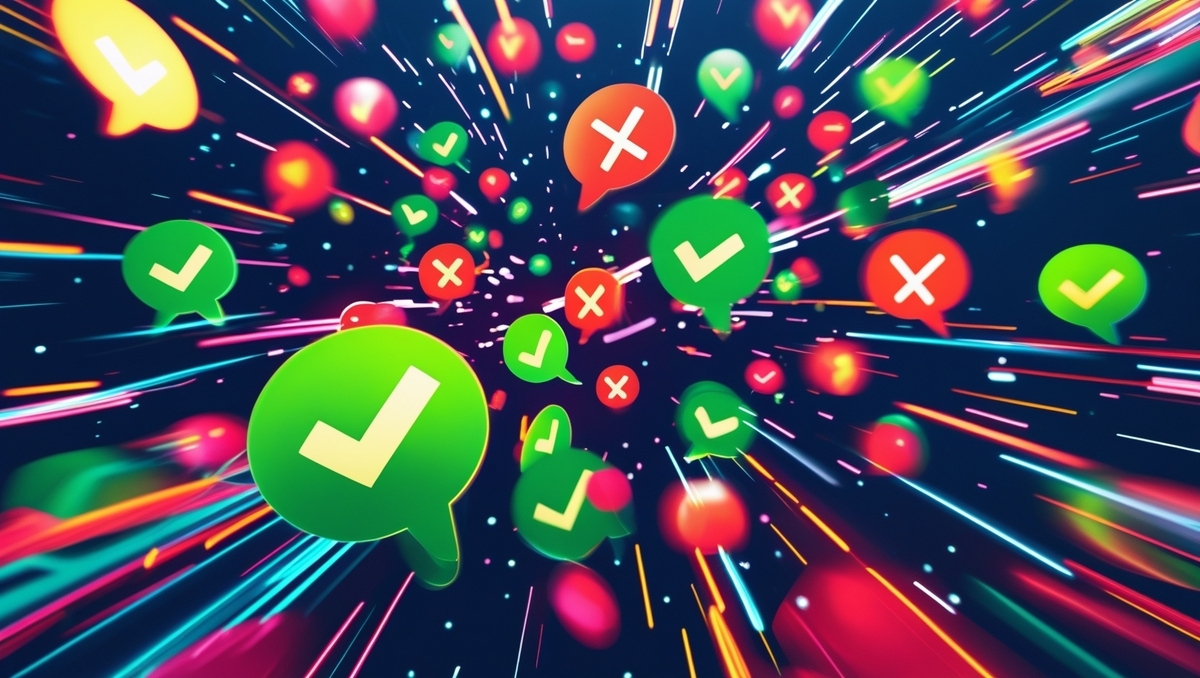 A vivid explosion of green checkmarks and red crosses flying through digital space, capturing the thrilling rush of luck and loss.