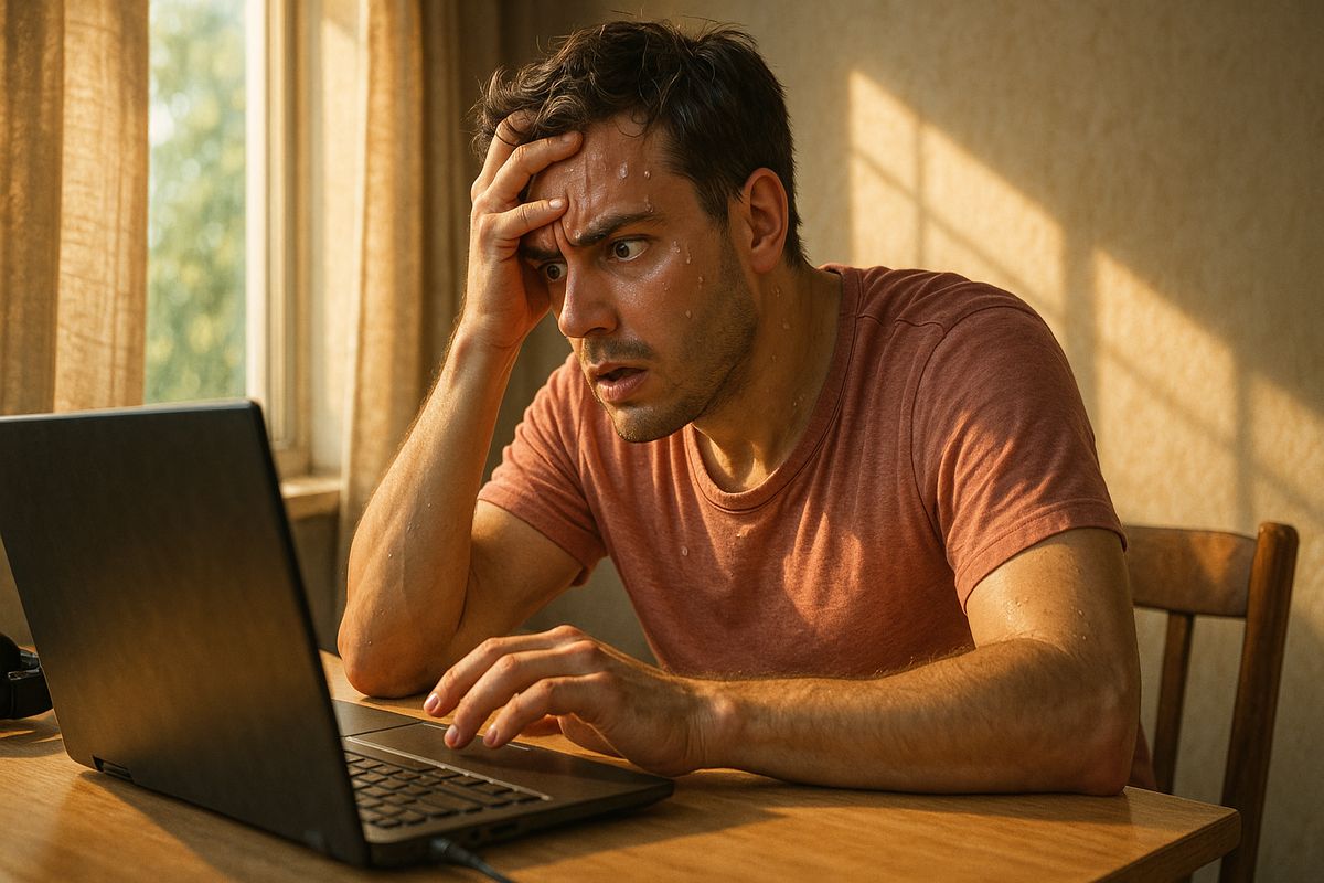 A visibly stressed man sweating in summer heat, anxiously staring at his laptop screen, overwhelmed by a deadline or lottery result, filled with tension, frustration, and urgency