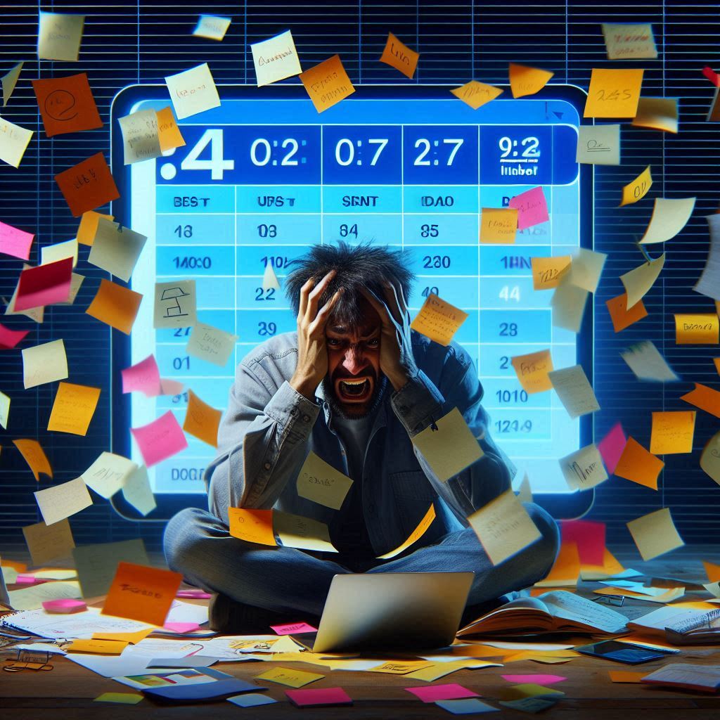 A frustrated man screaming in panic, overwhelmed by deadlines and sticky notes flying everywhere, sitting in front of a chaotic digital schedule, emotional meltdown and total overload