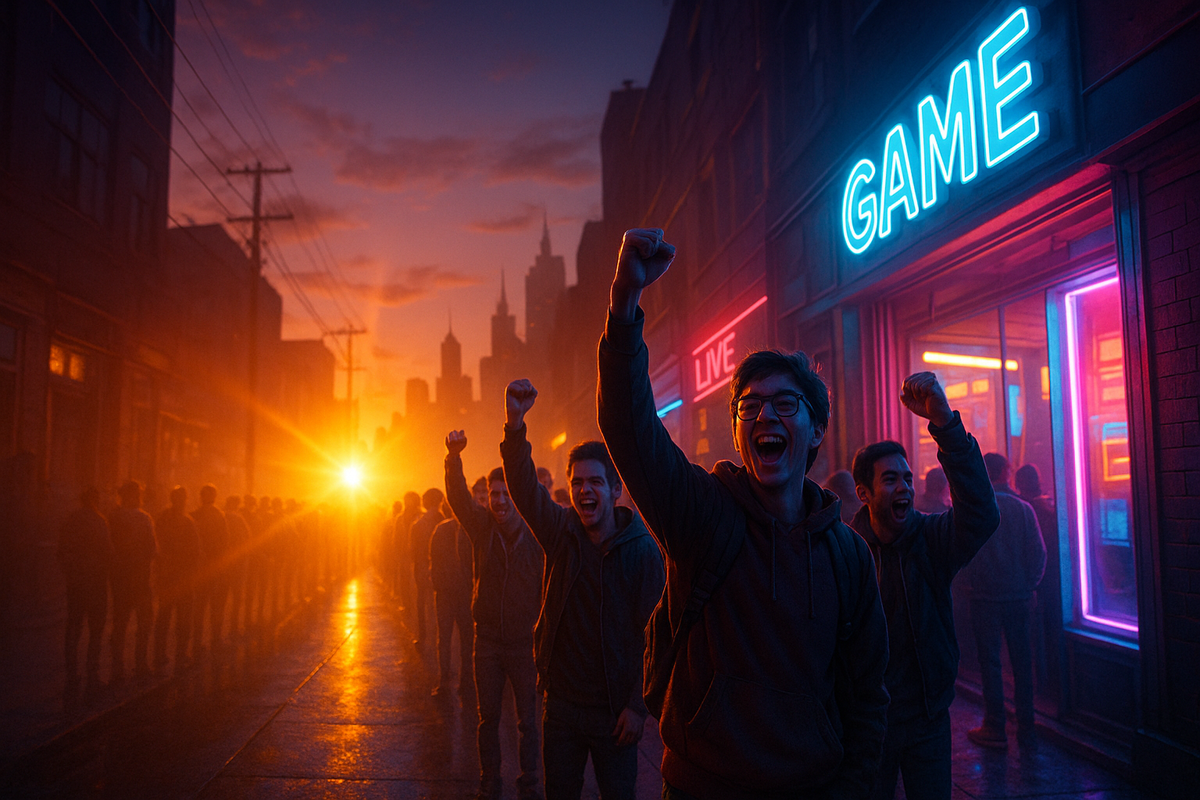 Electrifying sunrise hype—cheering gamers punching the air outside a neon-lit game store, buzzing hope rippling down an endless queue