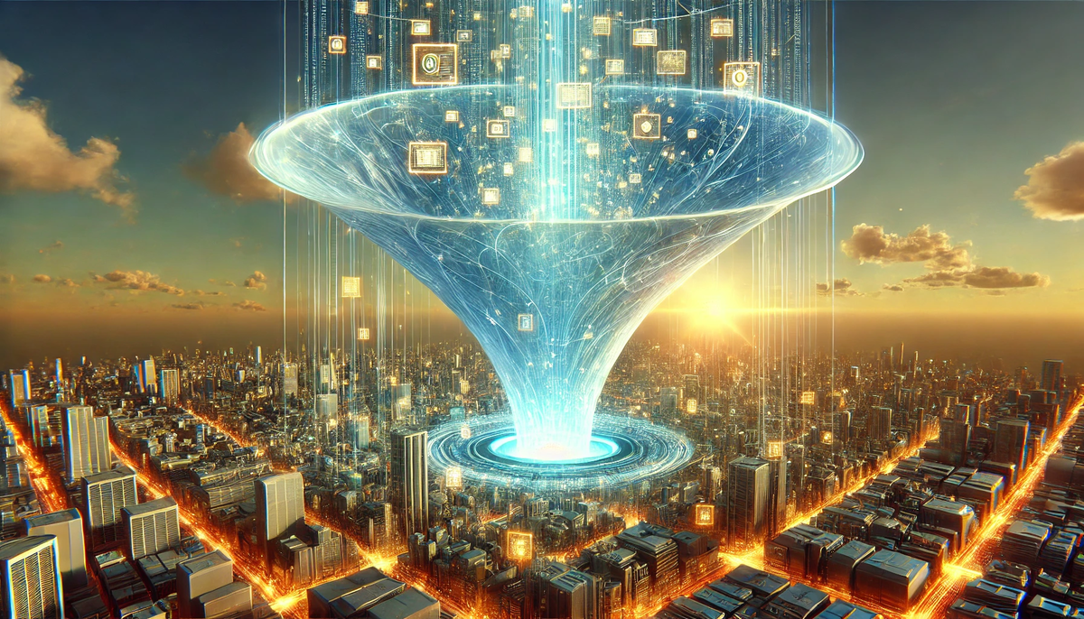 Mind-blowing data vortex—luminous blue funnel pouring cascading icons into a sunrise-lit mega-city, igniting wonder and limitless possibility.