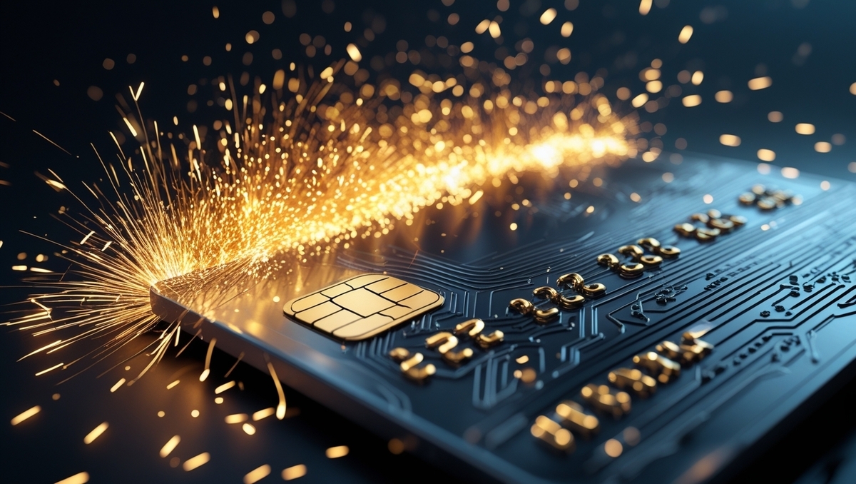 Electrifying surge of golden sparks detonates across a midnight-blue smart card, screaming VIP power and instant rewards.