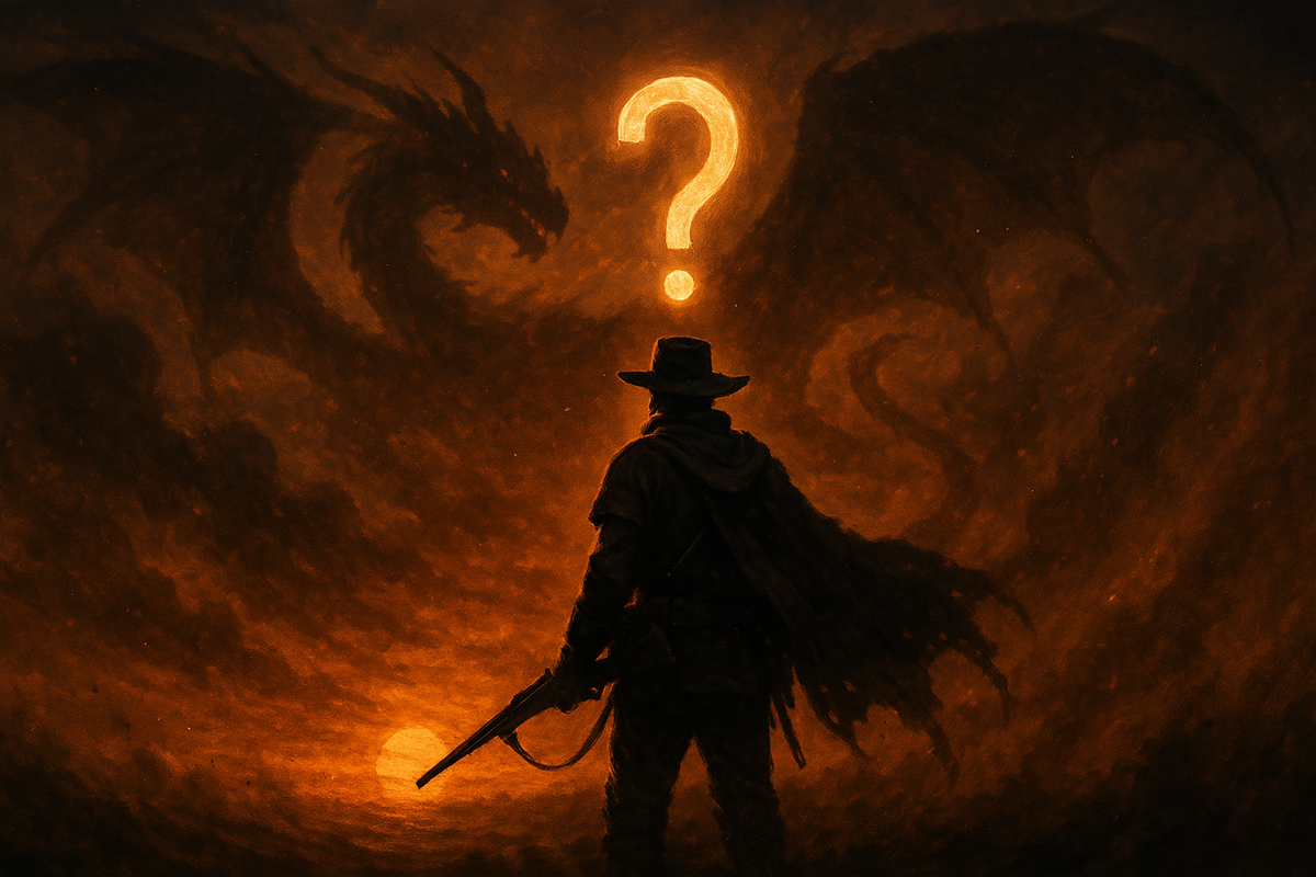 Breathtaking standoff — lone hunter stands defiant before a colossal shadow-dragon, blazing ‘?’ ignites the desert dusk, stirring fierce anticipation for WHEN the ultimate Master Rank will arrive.