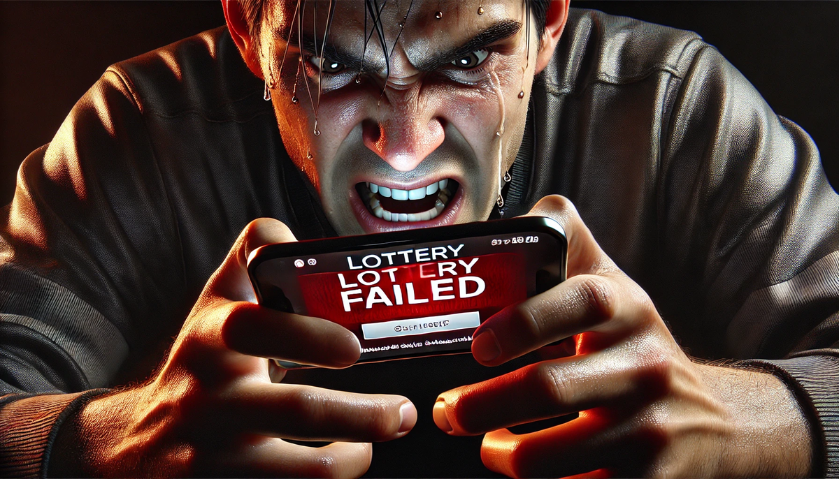 A furious gamer drenched in sweat gripping a phone tightly, eyes wide with disbelief and pain as the screen shows ‘LOTTERY FAILED’ — pure frustration and heartbreak frozen in time."
