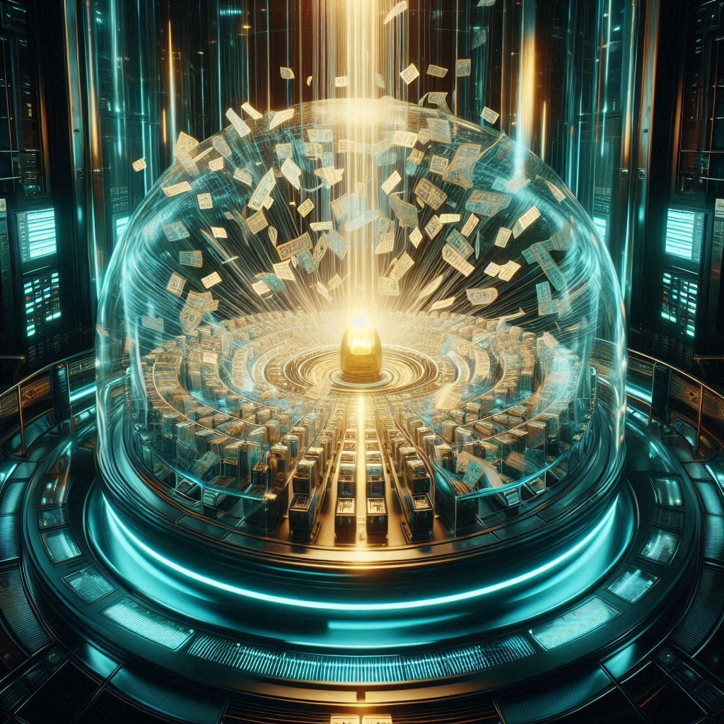 A glowing golden ticket rises from a futuristic lottery dome, surrounded by flying entries — capturing the thrilling hope of winning in a moment of destiny.