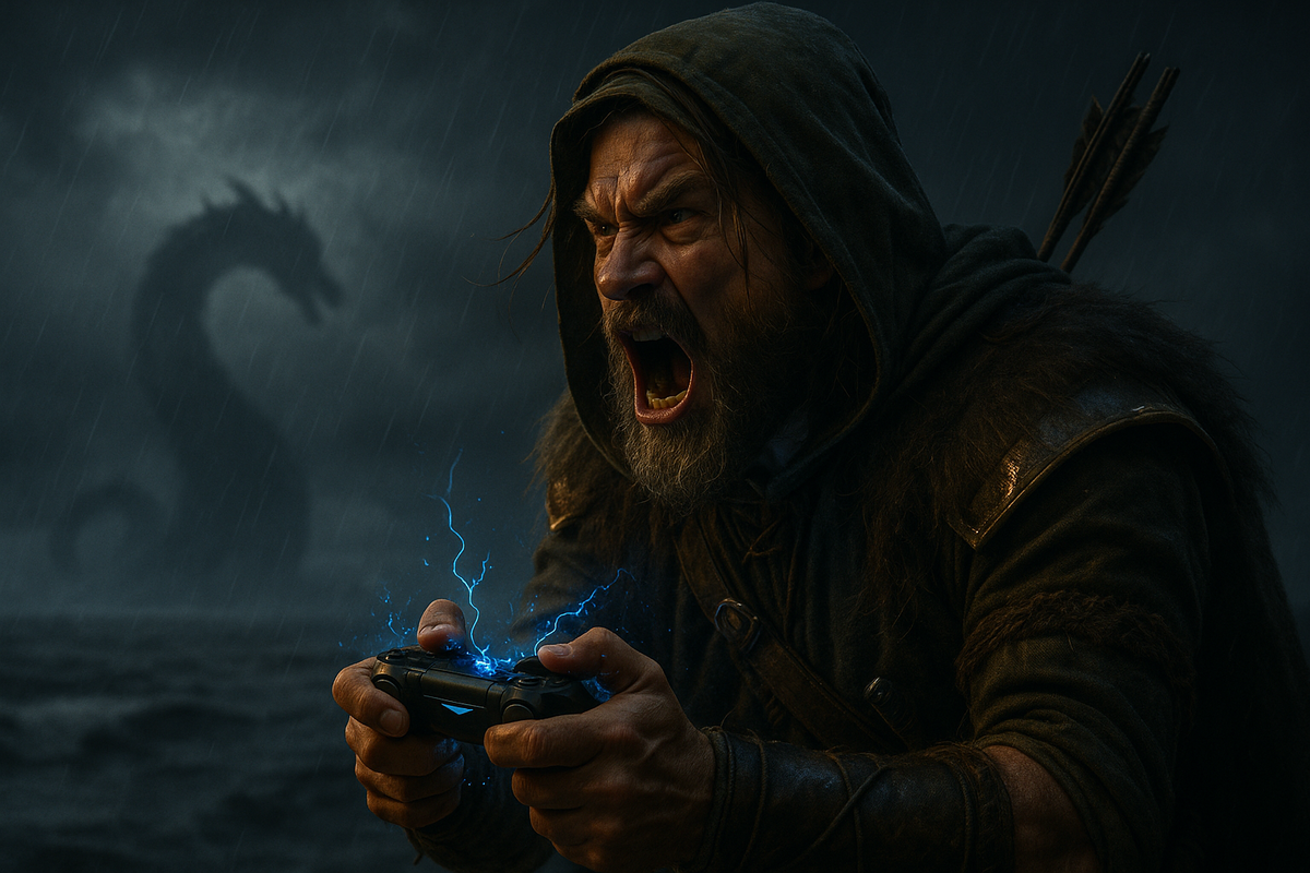 A furious hooded hunter screaming into the storm, clutching a crackling controller while a distant sea-serpent silhouette taunts him — raw frustration and aching desire collide.”