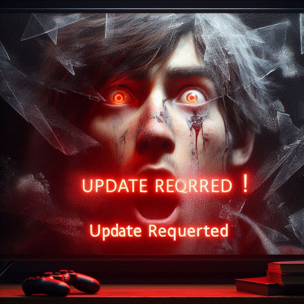 Panic-stricken gamer’s blood-streaked face shatters through a screen flashing ‘UPDATE REQUIRED’, raw dread and urgency exploding in crimson light.