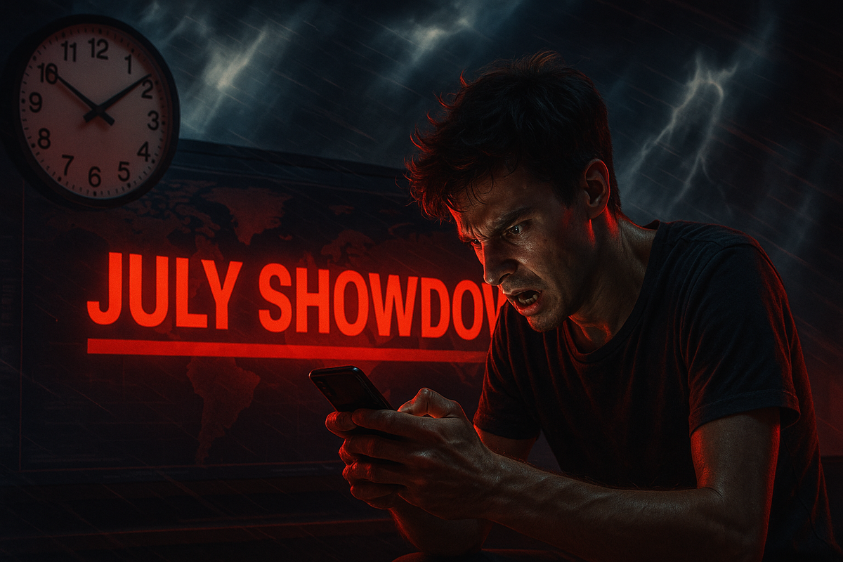 n anguished gamer clutching his phone as a crimson July-showdown alert blazes behind him, storm clouds and a ticking clock amplifying raw panic.