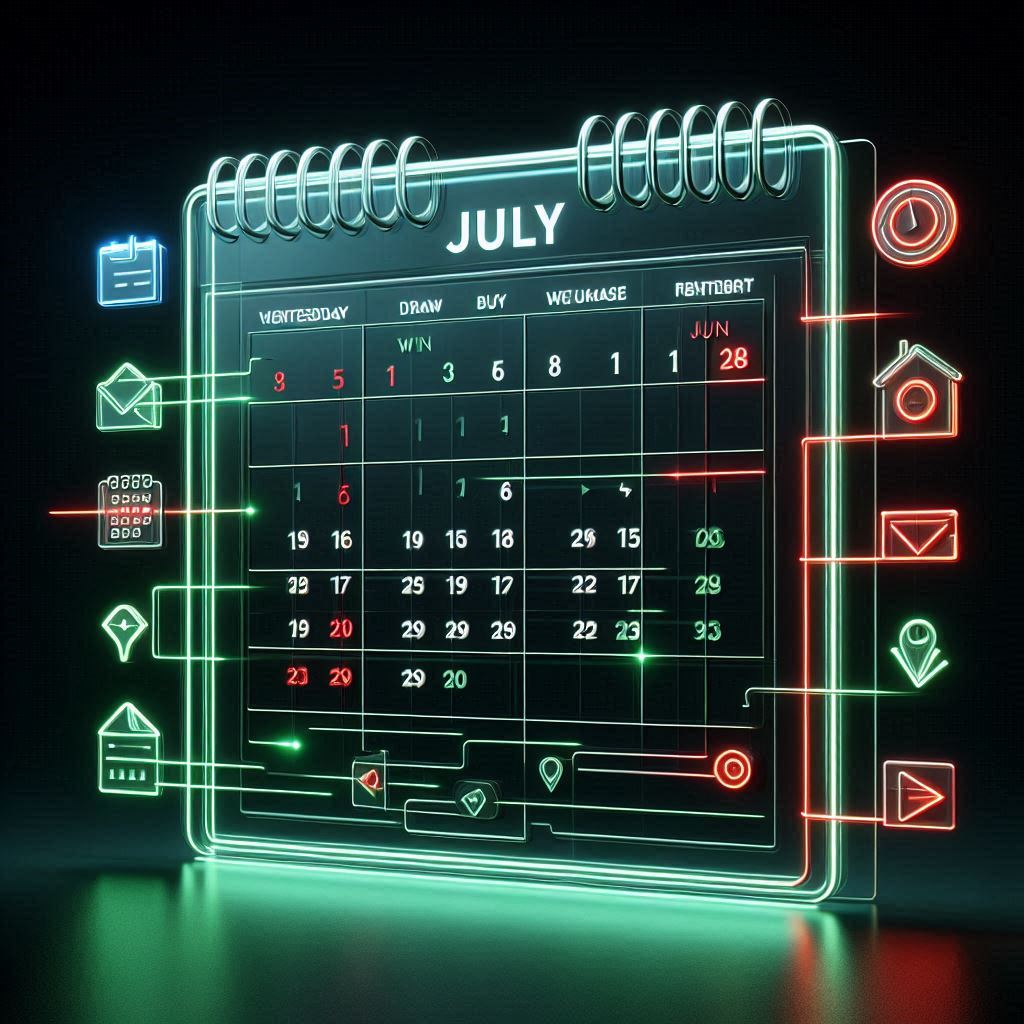 A neon-glowing July calendar radiates urgent red draw days and hopeful green win days—time feels electric and decisive.”
