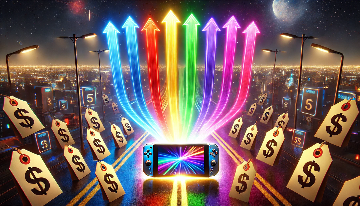 Seven radiant neon arrows soar from a glowing console, shattering price tags under a star-lit skyline—pure rush of savings and possibility.