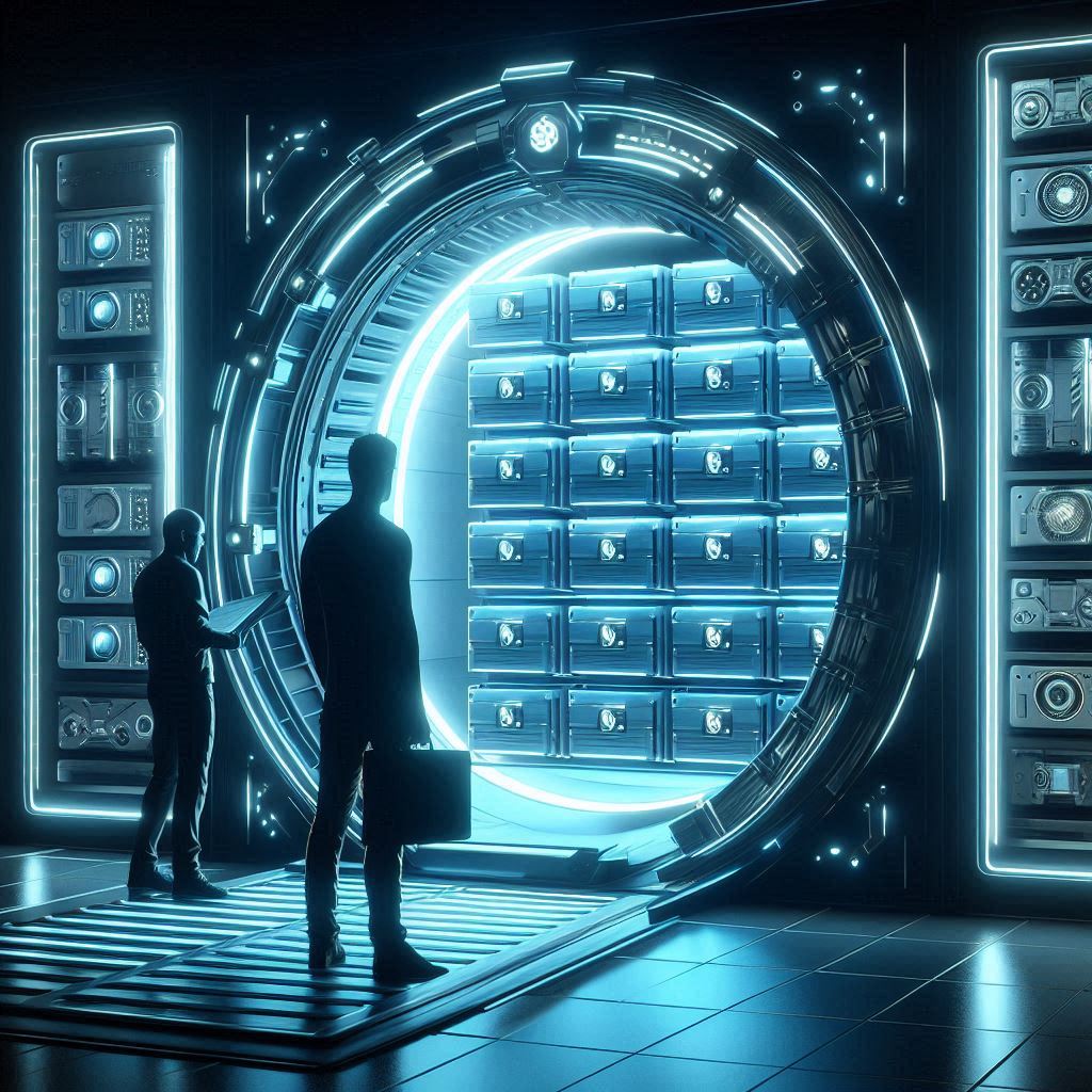 Two buyers stand in awe as a futuristic blue vault swings open, revealing rows of pristine consoles—secure, exclusive and wildly exciting.