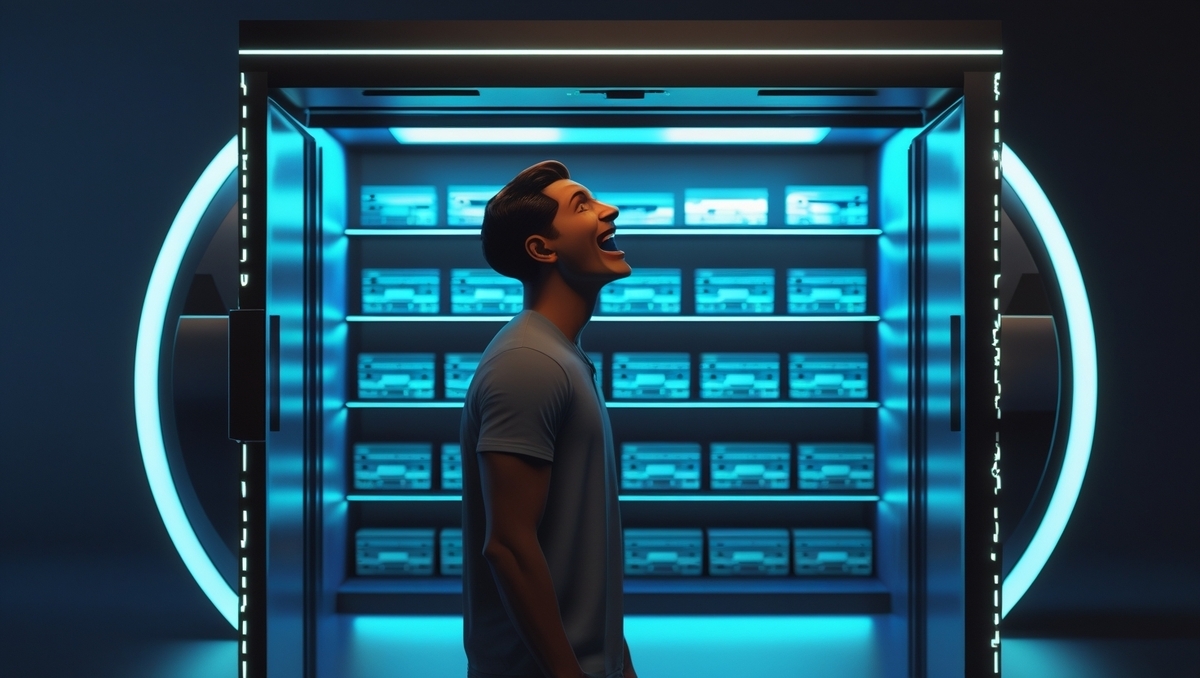 Jaw-dropped shopper bathed in vibrant blue vault light, rows of pristine consoles shimmering like treasure—pure relief and electrifying joy.”