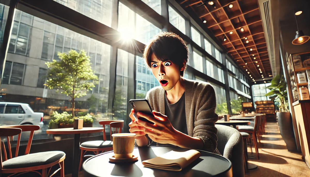 A shocked and ecstatic young Japanese man in a cafe, staring at his smartphone with wide eyes and open mouth, sun flare behind him, capturing the intense thrill and disbelief of winning something life-changing.