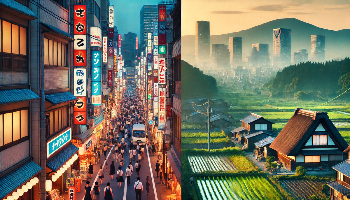A stunning side-by-side view showing the emotional contrast between a crowded, neon-lit Japanese city and a peaceful, sunlit countryside village—capturing the overwhelming tension of urban life versus the tranquil hope of rural simplicity.