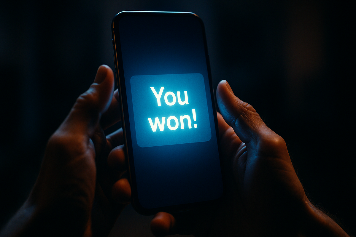 A close-up of trembling hands holding a smartphone showing “You won!” in glowing blue letters — a powerful moment of surprise, joy, and disbelief after an intense lottery wait.