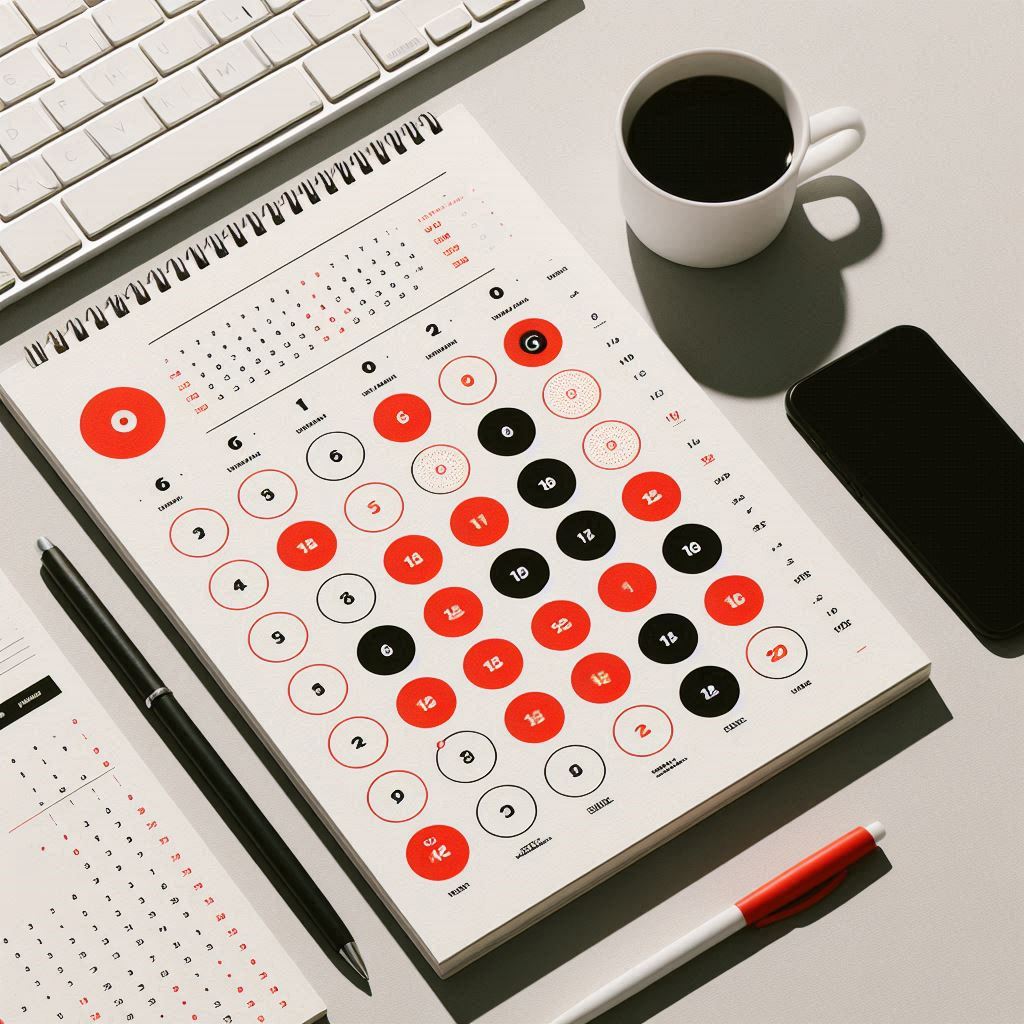 A bright modern calendar marked with bold red circles, lying on a tidy desk with coffee, pens, and a phone — evoking quiet anticipation and focused excitement for a once-in-a-month lottery reveal.