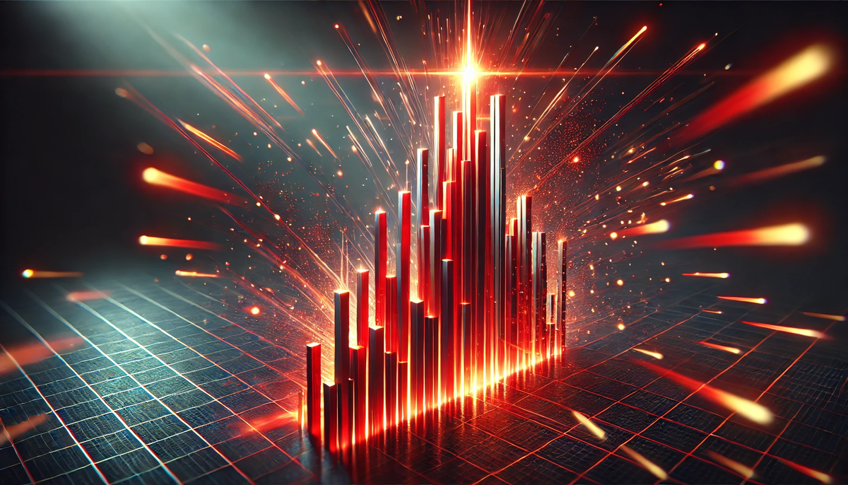 An explosive 3D bar chart bursting upward in a fiery red blaze, with glowing sparks and motion trails radiating in every direction — capturing the emotional intensity of a sudden spike in lottery odds.