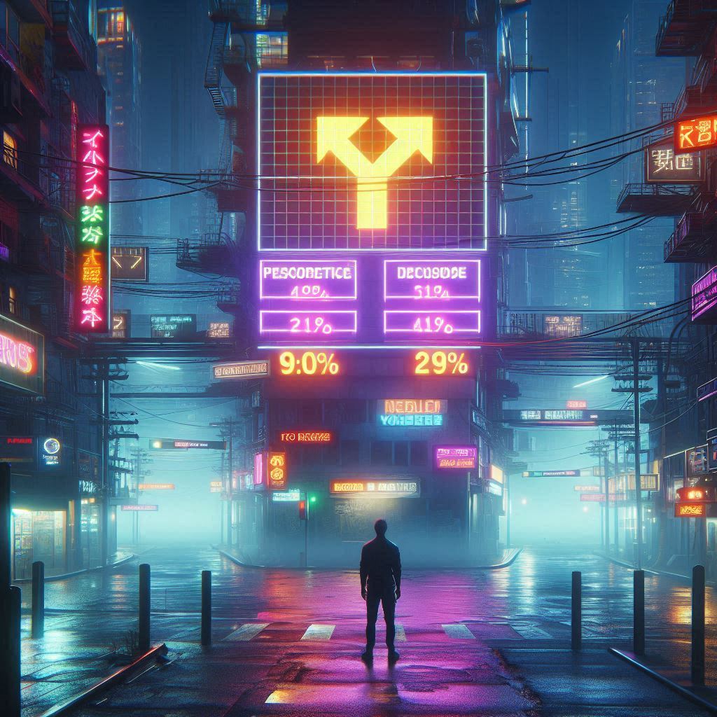 A lone figure stands at a glowing neon crossroads under towering billboards showing lottery odds — torn between two uncertain choices, surrounded by numbers, lights, and pressure.