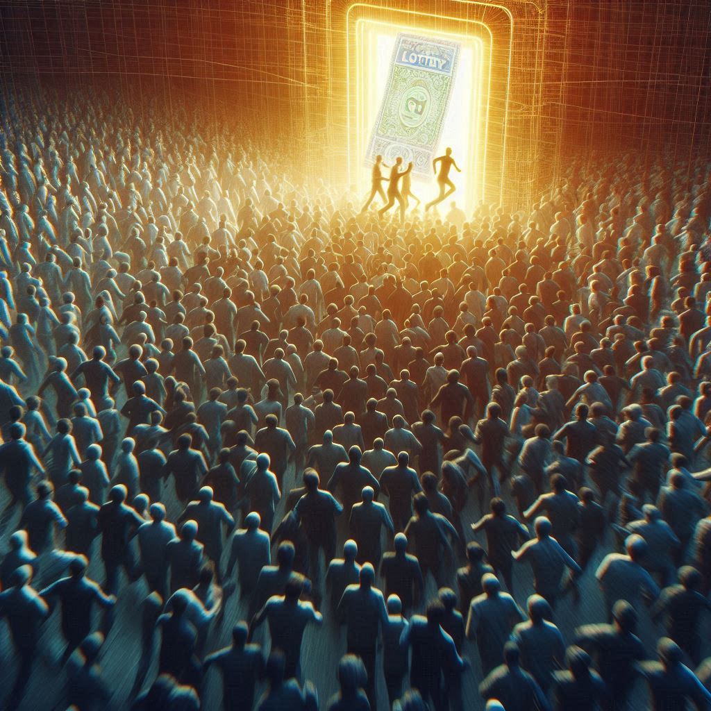 A massive crowd surges toward a glowing portal with a floating lottery ticket, capturing the desperate hope, fierce competition, and electrifying urgency of a once-in-a-lifetime chance.