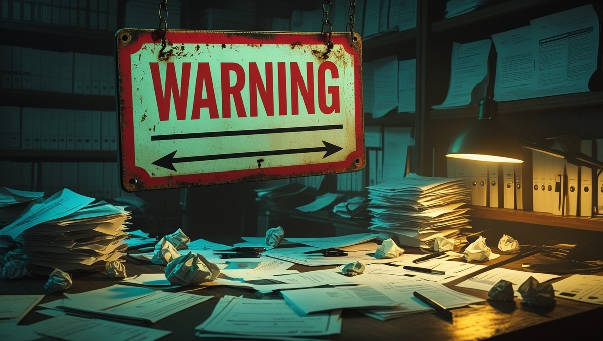 Urgent warning sign glowing over chaotic piles of documents — a visual metaphor for overwhelming pressure and last-minute decisions