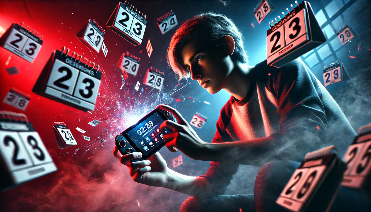 Electrifying countdown: gamer seizes a glowing handheld while calendar blocks explode in a storm of launch-day hype.
