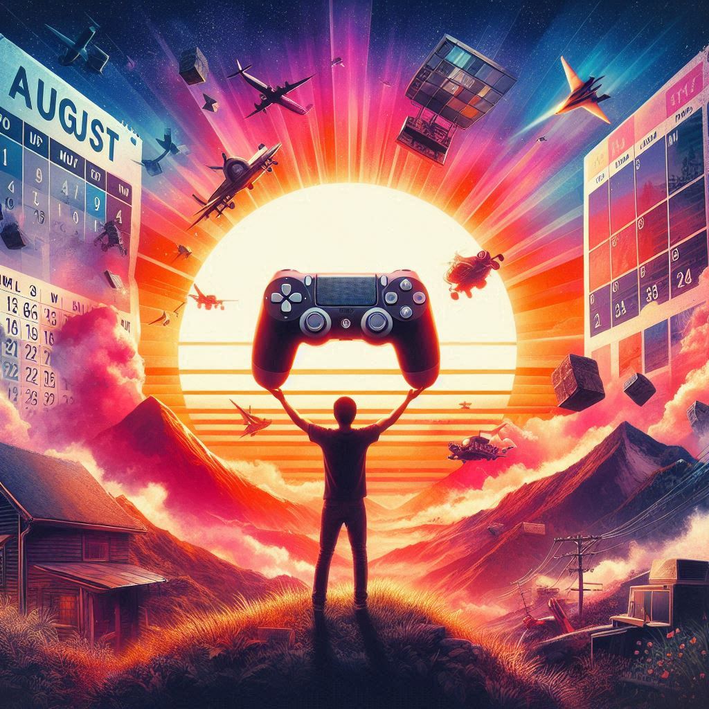 Explosive dawn hype: gamer raises controller toward a blazing sun while August calendars and jets burst skyward.