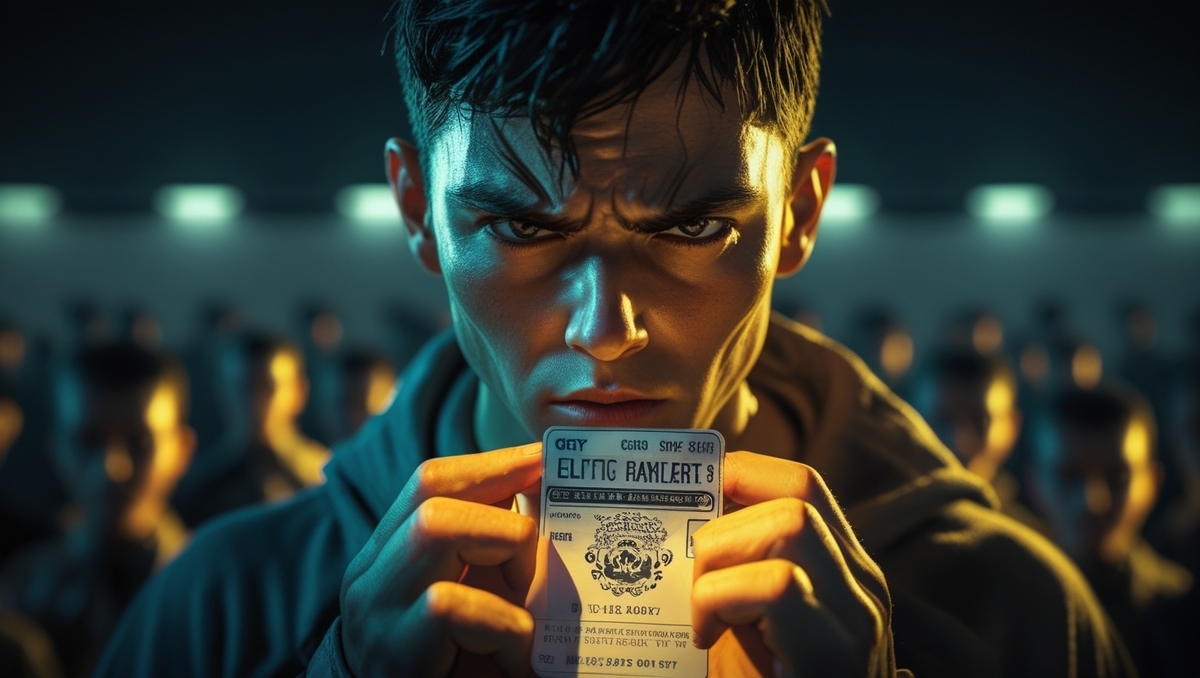 A gamer’s eyes blaze with unyielding focus as he grips a coveted lottery ticket, ready to seize his moment.