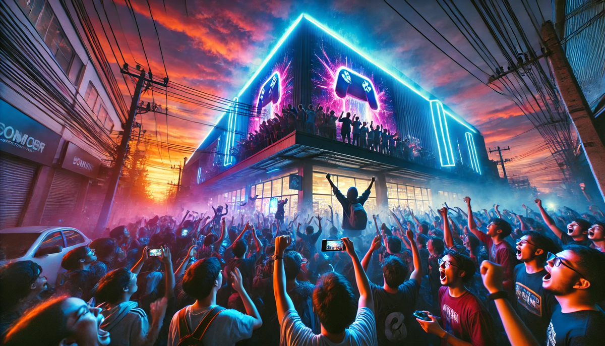 A sea of gamers erupts in electric euphoria beneath a neon-lit store at dawn, sky blazing and hype crackling.