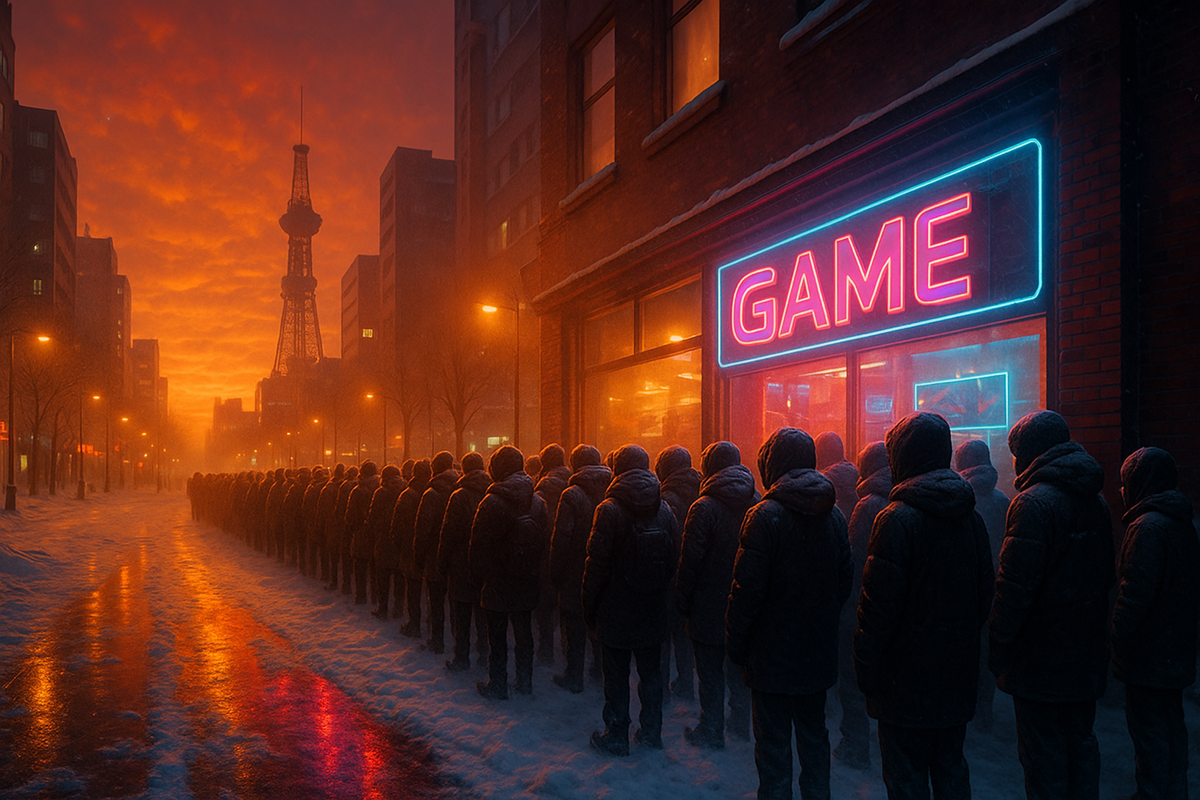 Blazing dawn ignites snowy Sapporo street as an unyielding line of bundled gamers snakes toward a neon-lit GAME store, anticipation crackling.