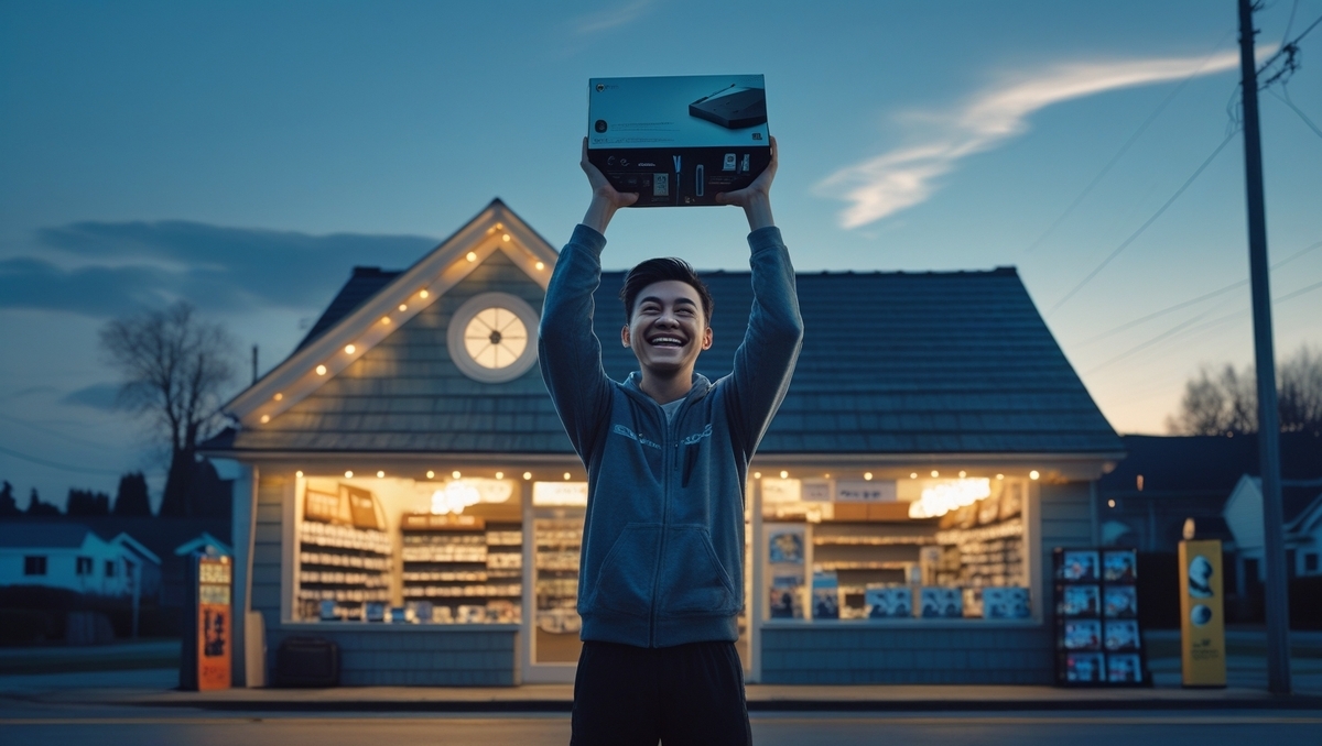 cstatic gamer hoists a just-won console box sky-high, dusk lights twinkling behind a quiet suburban shop—pure victory crackles in the chill air.