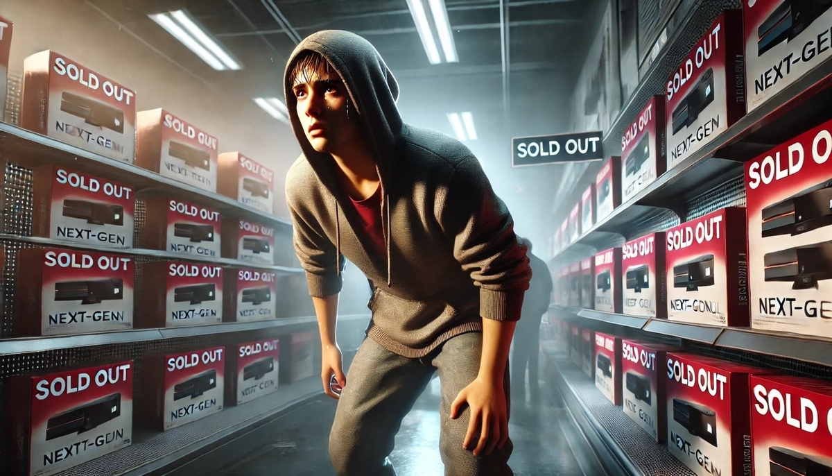 A determined young gamer drenched in sweat, scanning empty store shelves filled with SOLD OUT signs, desperately seeking the elusive next-gen console in a world where every second counts.