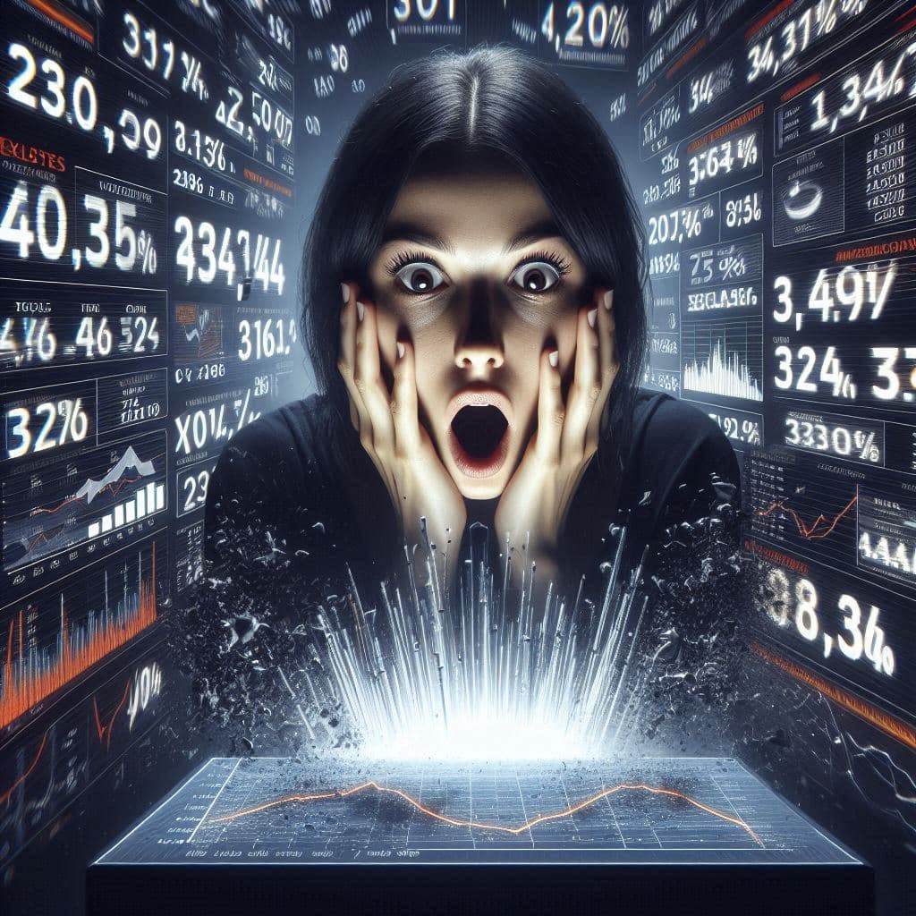 A shocked woman staring at exploding data charts, surrounded by skyrocketing sales numbers and digital chaos — capturing the emotional storm of tracking Switch2’s unbelievable demand