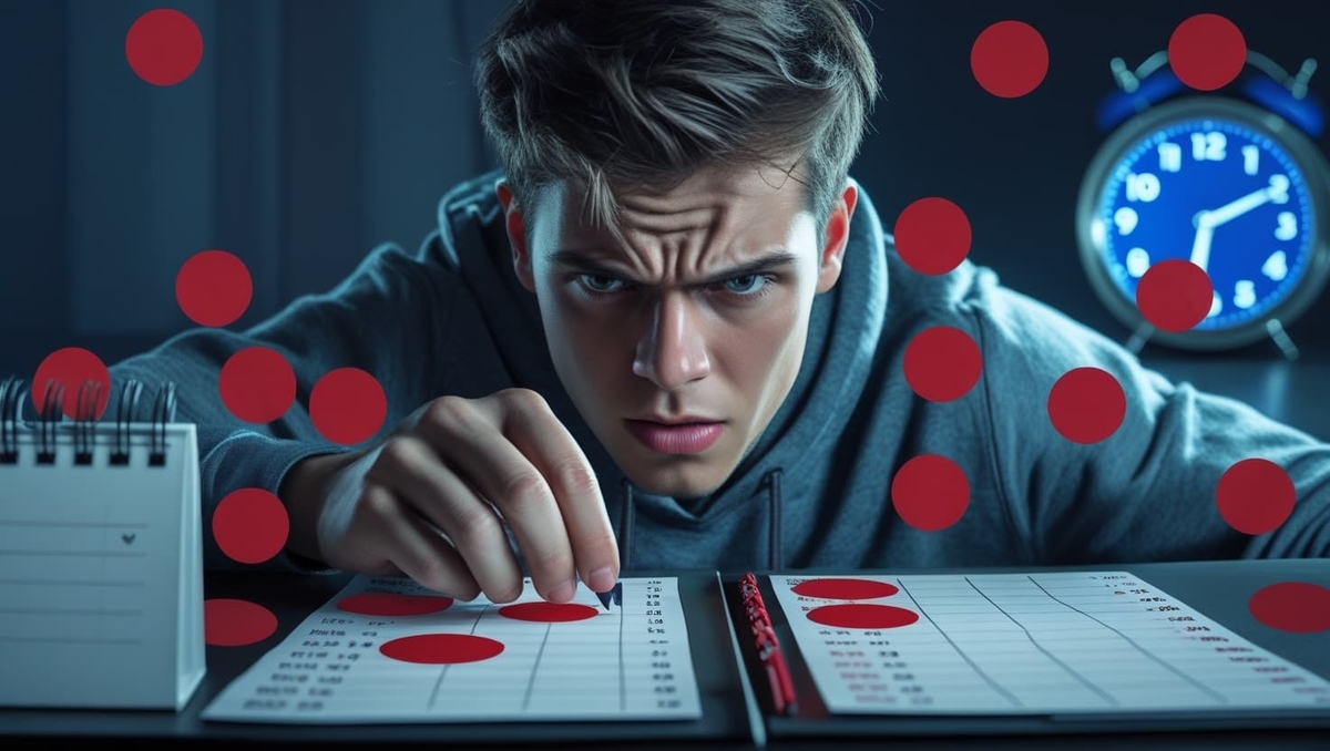 An intense young gamer anxiously marks red circles on a calendar, eyes locked in determination, racing against time to predict the moment Switch2 will finally be available.