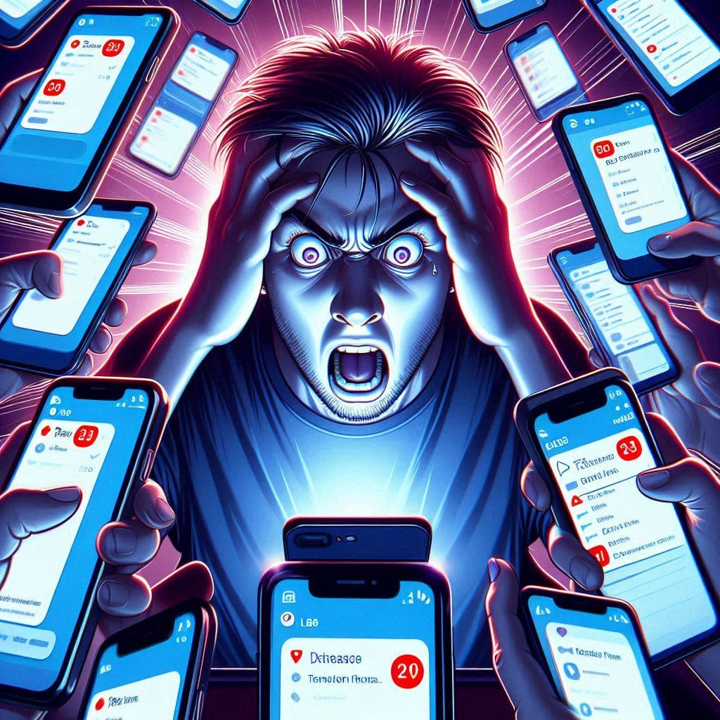 A panicked gamer overwhelmed by dozens of phones buzzing with Switch2 alerts, desperately trying to keep up with the flood of breaking news and restock notifications.