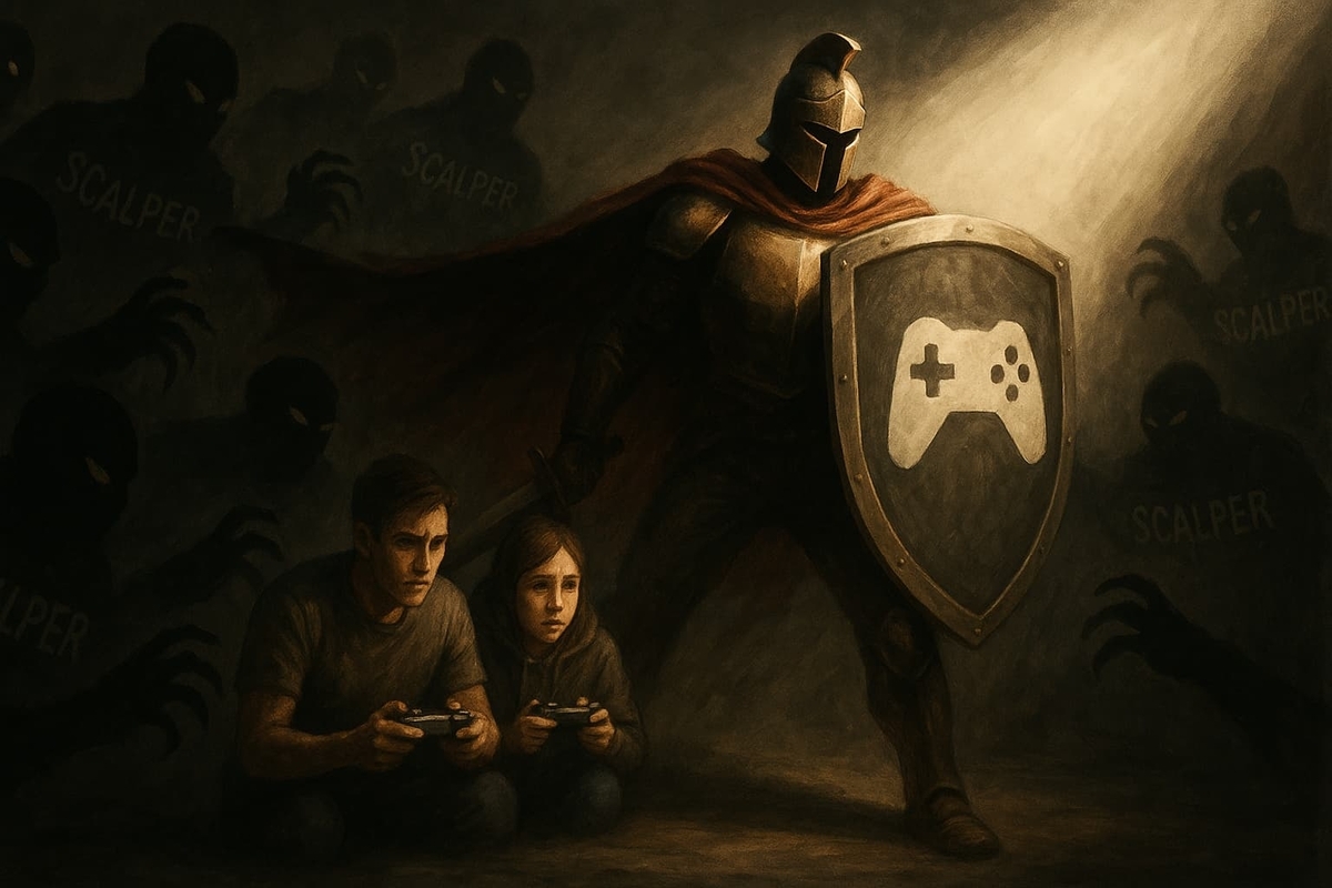 A brave warrior with a gaming shield stands protectively over two young players, fending off lurking scalpers in the shadows — a dramatic fight for fairness and joy in the gaming world.