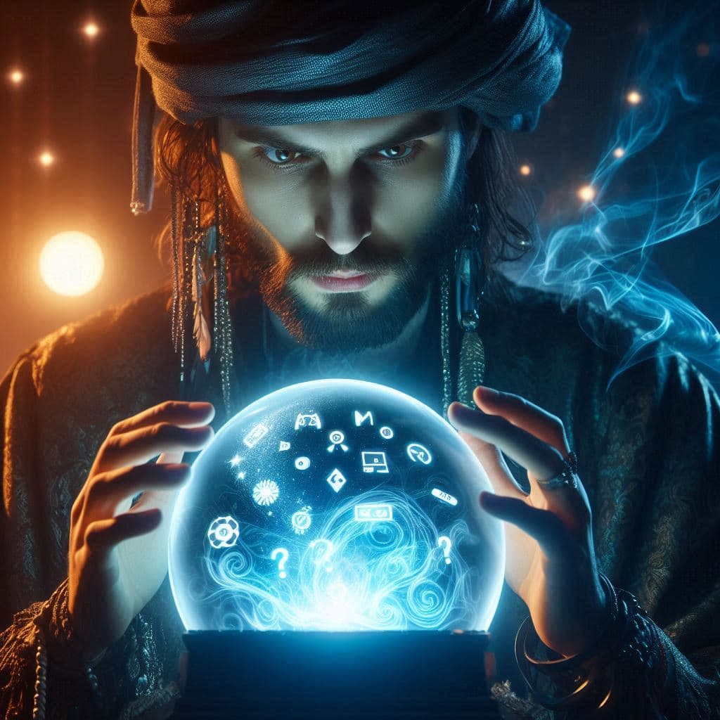A mysterious seer stares deeply into a glowing crystal ball swirling with gaming icons, as if divining the fate of next-gen consoles. An atmosphere thick with magic, curiosity, and the unspoken thrill of the unknown.