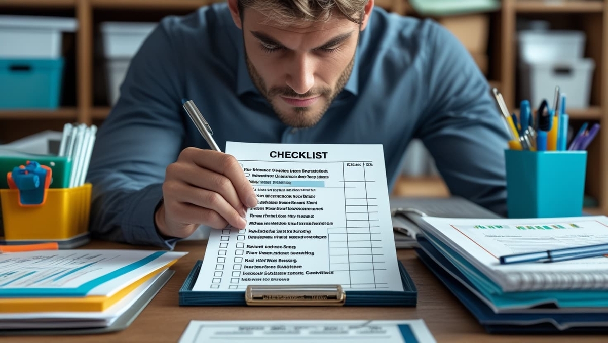 A determined young professional immersed in a sea of colorful folders and detailed checklists, capturing the quiet beauty of precision and the joy of ticking off each step toward success.