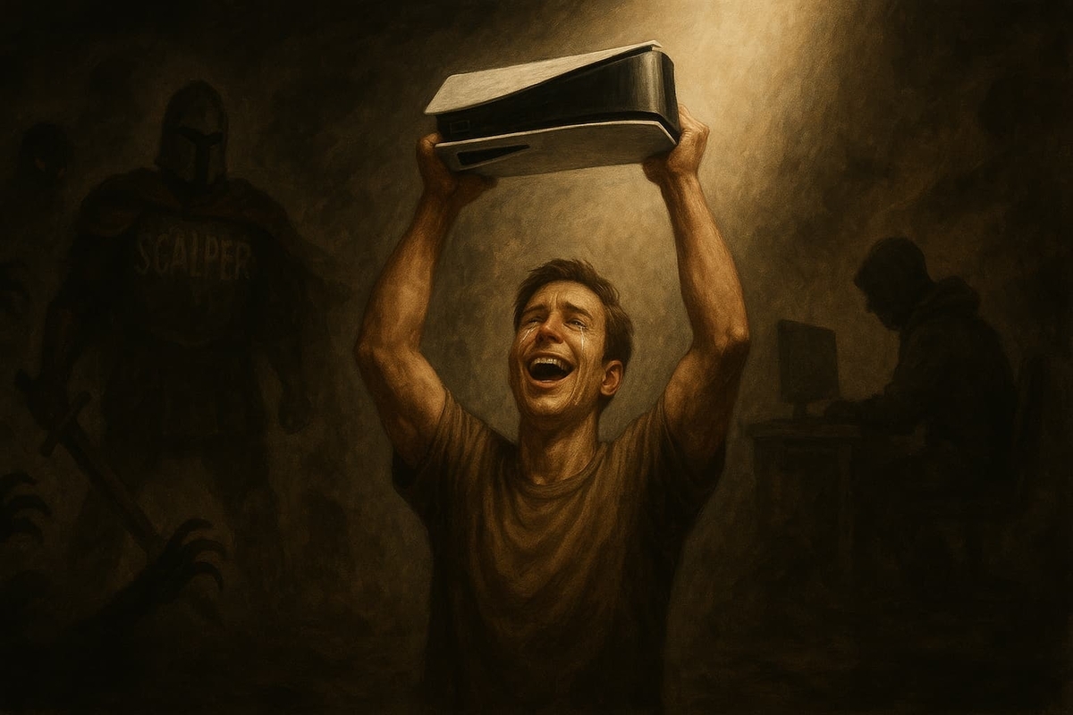 A triumphant gamer cries tears of joy, holding his hard-won console high in the air, surrounded by shadows of adversity. A deeply emotional moment of victory against all odds.