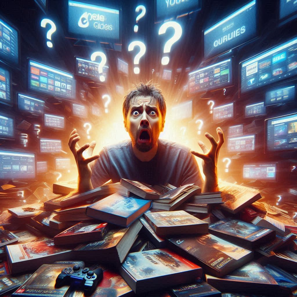 A shocked gamer lost in a sea of strategy guides and tutorial screens, frozen by information overload and indecision.