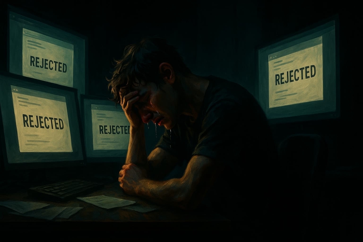 Tear-streaked gamer slumps amid glowing monitors screaming “REJECTED,” raw despair dripping while a faint ember of grit still flickers.