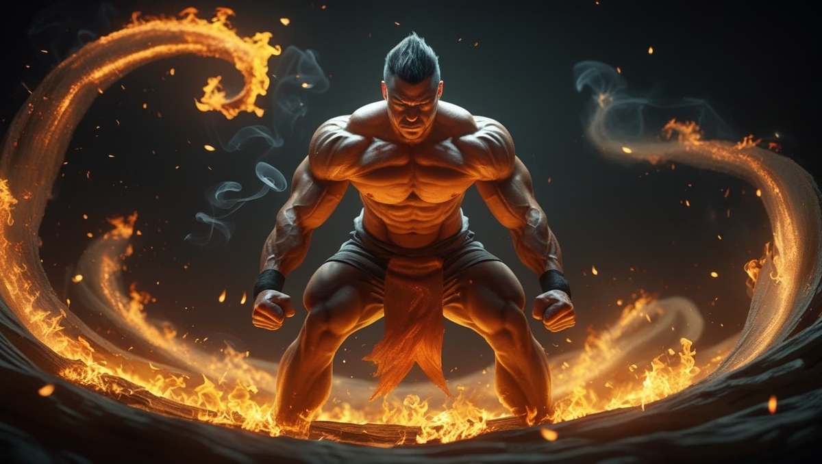 Titan-like fighter ignites within a vortex of blazing flames, muscles tense, eyes burning with unbreakable resolve—raw willpower made visible.