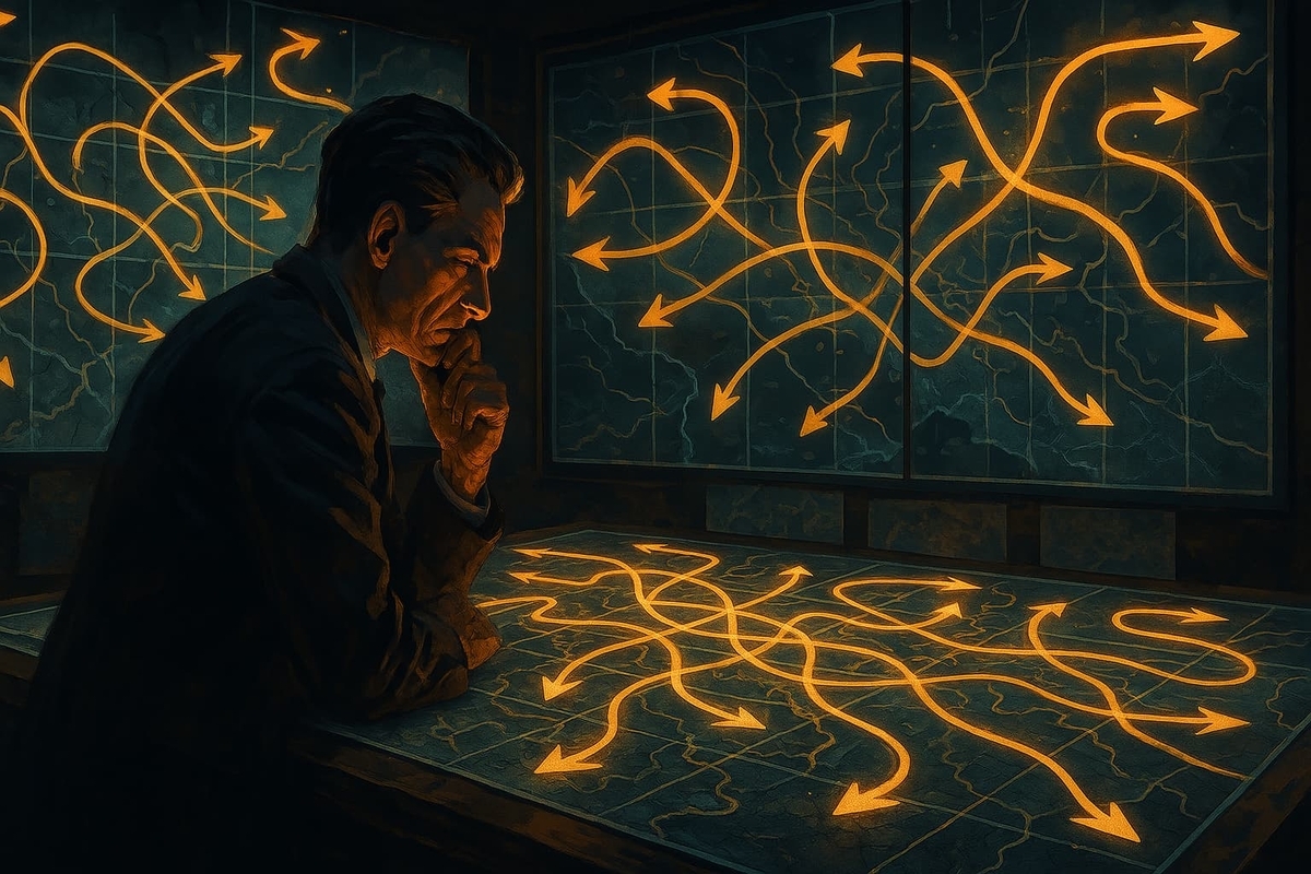 actical mastermind eyes a labyrinth of glowing arrows, radiating unstoppable determination and victory-driven focus — every route a win.