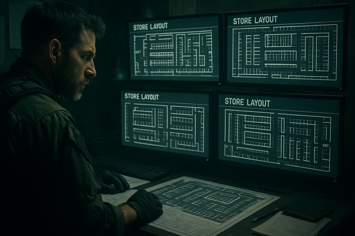 Mission-mode tactician studies glowing store-maze blueprints in a dim war-room—tense focus and smart anticipation radiate the promise of a flawless Switch2 capture.