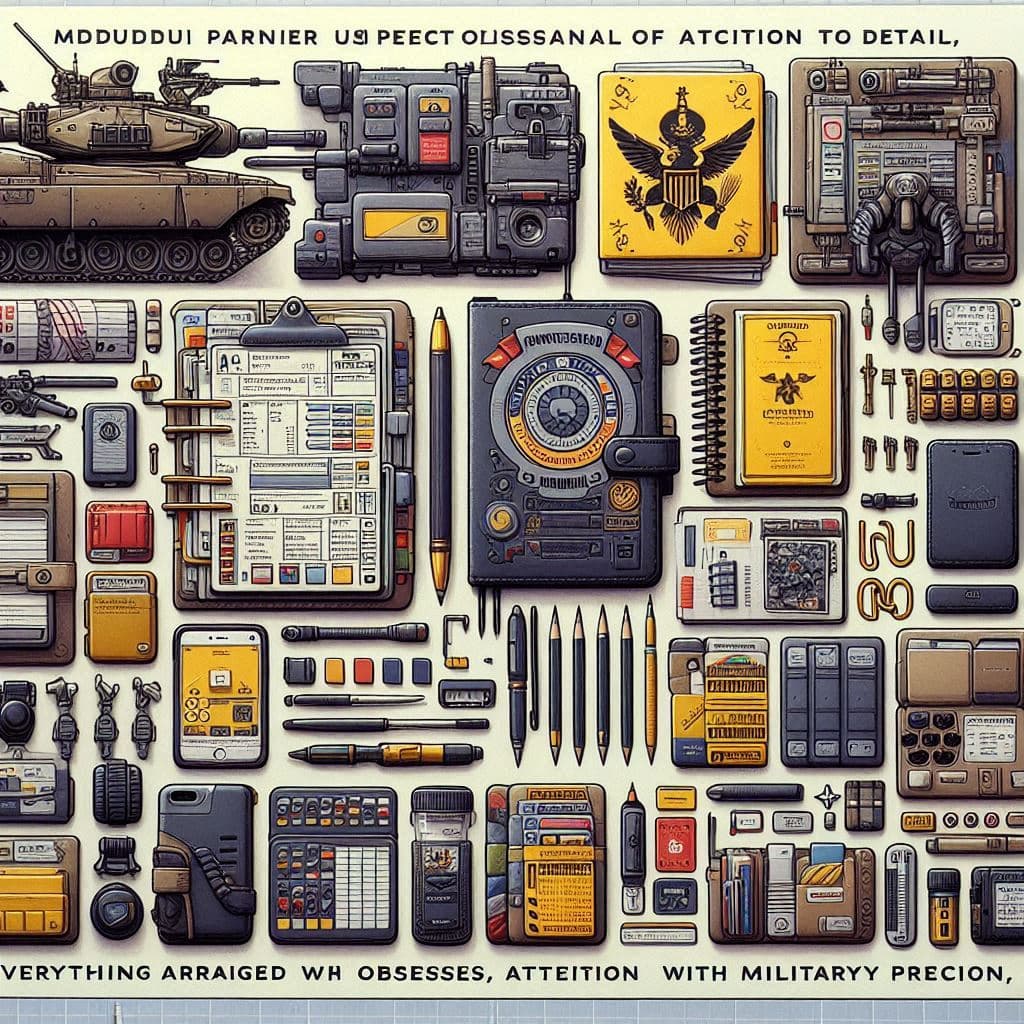 Overhead view of a war-room style flat-lay: credit cards, tactical gadgets and note planners aligned with surgical precision—radiating unbreakable control, mission-ready confidence and the thrill of being fully prepared.”