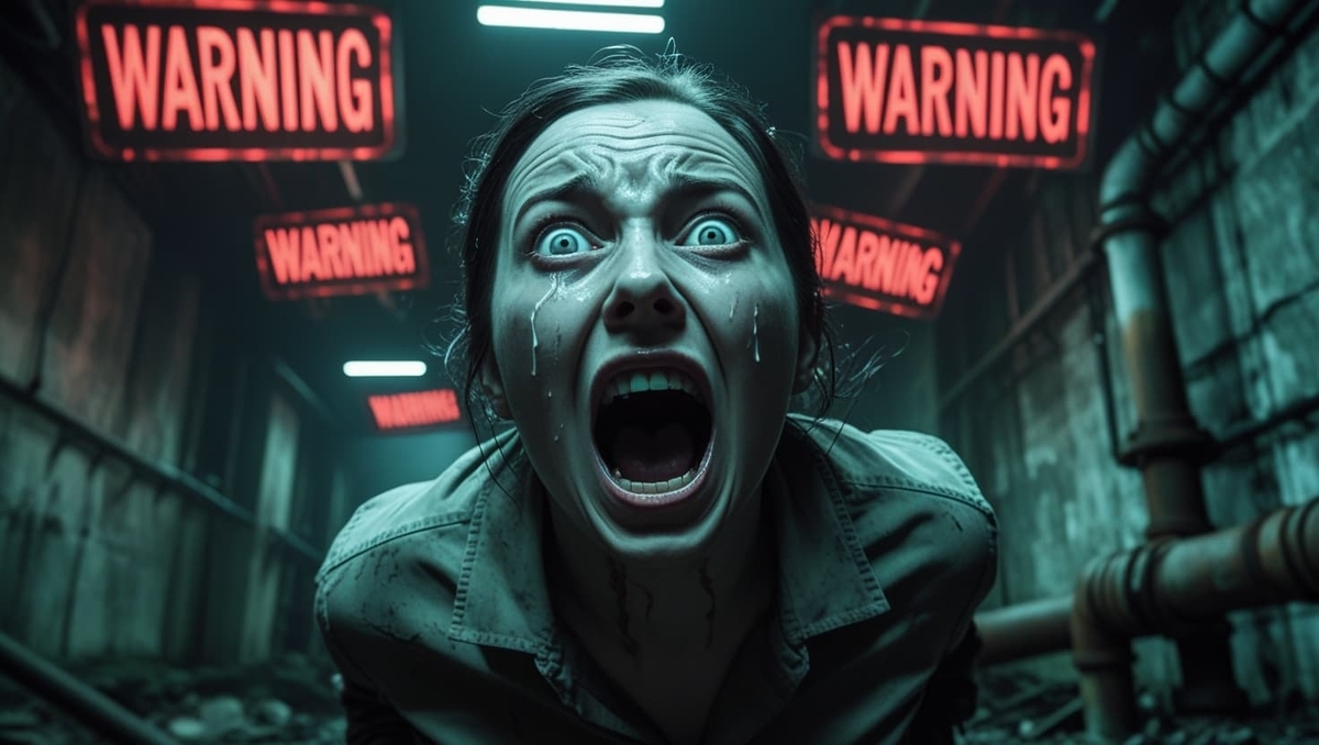 Wide-eyed woman frozen in a nightmare corridor lit by flashing red WARNING signs, tears streaking down as she screams – pure shock, danger and the chilling fear of a single wrong move.