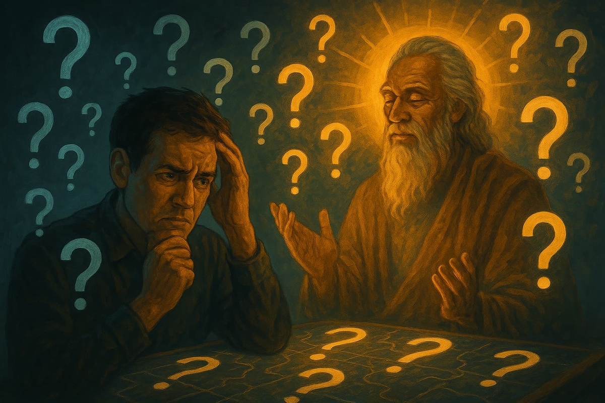 Bewildered gamer resting his head in his hand while a wise, halo-lit mentor offers calm answers amid a swirling storm of glowing question marks – confusion meets guiding light and instant relief.