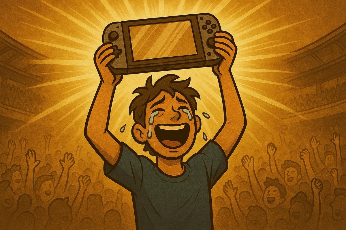 Euphoric gamer, tears of joy streaming down his cheeks, thrusts a long-desired handheld console high into golden victory light while a roaring crowd celebrates—pure triumph after crushing despair