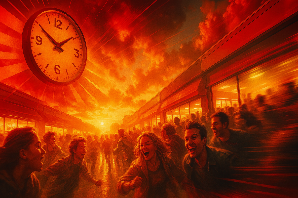 A wave of excitement and urgency surges as hopeful shoppers dash toward the store at sunrise — the race against time begins.