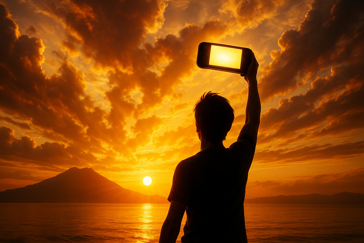 At golden hour by the ocean, a young gamer raises a handheld console high toward the blazing Kagoshima sunset, capturing a moment of triumph, freedom, and new beginnings.