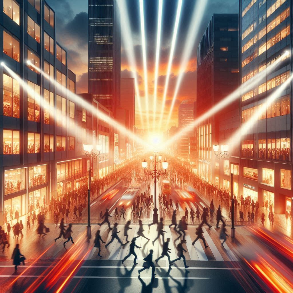 A massive crowd rushes through a city street toward a glowing sunset, embodying the thrill, urgency, and fleeting chance of a surprise tech sale. Emotions of hope, determination, and adrenaline fill the air.